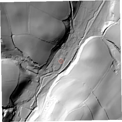 Shaded relief map of the ground around TA230RG, computed from Environment Agency LiDAR. The ground here sits at about 62 m above sea level and falls 95 m across the surrounding 800 m. Surface water reaching this point runs off ground lying to the north-west, 53.7 m higher.