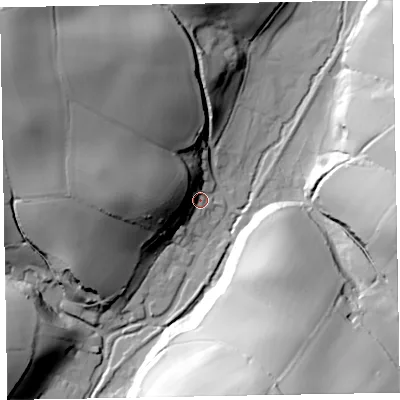 Shaded relief map of the ground around TA230RH, computed from Environment Agency LiDAR. The ground here sits at about 62 m above sea level and falls 65 m across the surrounding 800 m. Surface water reaching this point runs off ground lying to the west, 34.8 m higher.