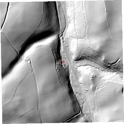 Shaded relief map of the ground around TA230RJ, computed from Environment Agency LiDAR. The ground here sits at about 86 m above sea level and falls 83 m across the surrounding 800 m. Surface water reaching this point runs off ground lying to the south-west, 67.2 m higher.