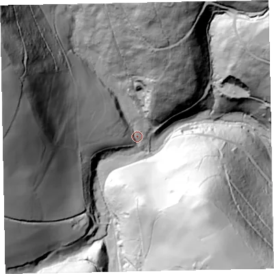 Shaded relief map of the ground around TA230SA, computed from Environment Agency LiDAR. The ground here sits at about 168 m above sea level and falls 136 m across the surrounding 800 m. Surface water reaching this point runs off ground lying to the north-west, 125.0 m higher.