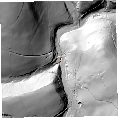 Shaded relief map of the ground around TA230SH, computed from Environment Agency LiDAR. The ground here sits at about 168 m above sea level and falls 119 m across the surrounding 800 m. Surface water reaching this point runs off ground lying to the north-west, 109.3 m higher.