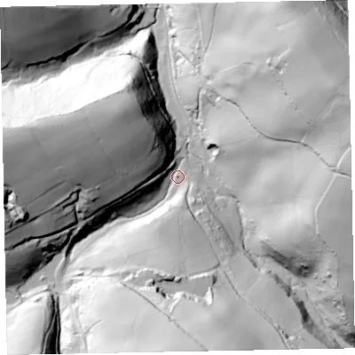 Shaded relief map of the ground around TA230SJ, computed from Environment Agency LiDAR. The ground here sits at about 172 m above sea level and falls 92 m across the surrounding 800 m. Surface water reaching this point runs off ground lying to the south, 66.6 m higher.