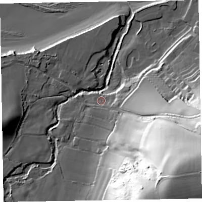 Shaded relief map of the ground around TA230TH, computed from Environment Agency LiDAR. The ground here sits at about 12 m above sea level and falls 87 m across the surrounding 800 m. Surface water reaching this point runs off ground lying to the south-east, 74.6 m higher.