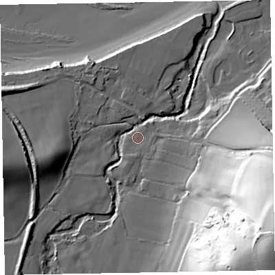 Shaded relief map of the ground around TA230TL, computed from Environment Agency LiDAR. The ground here sits at about 12 m above sea level and falls 85 m across the surrounding 800 m. Surface water reaching this point runs off ground lying to the south-east, 75.2 m higher.