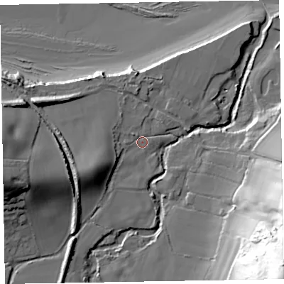 Shaded relief map of the ground around TA230TP, computed from Environment Agency LiDAR. The ground here sits at about 12 m above sea level and falls 75 m across the surrounding 800 m. Surface water reaching this point runs off ground lying to the west-south-west, 11.9 m higher.