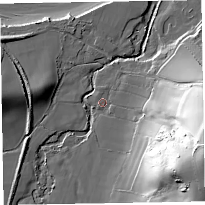 Shaded relief map of the ground around TA230TW, computed from Environment Agency LiDAR. The ground here sits at about 13 m above sea level and falls 82 m across the surrounding 800 m. Surface water reaching this point runs off ground lying to the east-south-east, 72.1 m higher.
