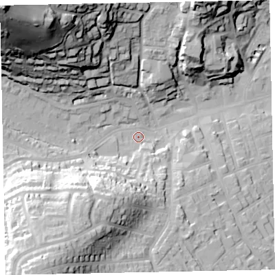 Shaded relief map of the ground around TA245AA, computed from Environment Agency LiDAR. The ground here sits at about 19 m above sea level and falls 87 m across the surrounding 800 m. Surface water reaching this point runs off ground lying to the north-west, 80.7 m higher.