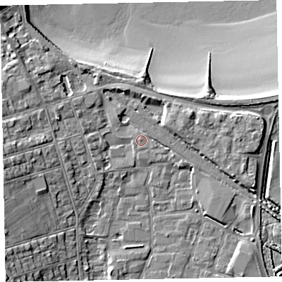 Shaded relief map of the ground around TA245AE, computed from Environment Agency LiDAR. The ground here sits at about 7 m above sea level and falls 17 m across the surrounding 800 m. Surface water reaching this point runs off ground lying to the east-south-east, 1.4 m higher.