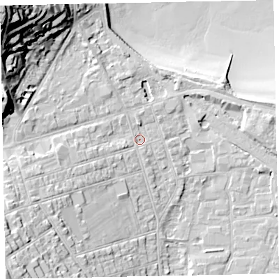 Shaded relief map of the ground around TA245AF, computed from Environment Agency LiDAR. The ground here sits at about 8 m above sea level and falls 42 m across the surrounding 800 m. Surface water reaching this point runs off ground lying to the west-south-west, 10.6 m higher.