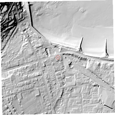 Shaded relief map of the ground around TA245AP, computed from Environment Agency LiDAR. The ground here sits at about 8 m above sea level and falls 39 m across the surrounding 800 m. Surface water reaching this point runs off ground lying to the west-south-west, 1.3 m higher.