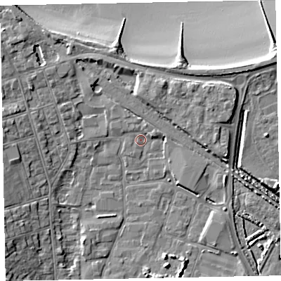Shaded relief map of the ground around TA245AU, computed from Environment Agency LiDAR. The ground here sits at about 6 m above sea level and falls 13 m across the surrounding 800 m. Surface water reaching this point runs off ground lying to the south-west, 0.6 m higher.