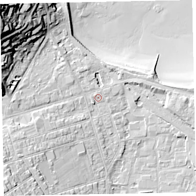 Shaded relief map of the ground around TA245AW, computed from Environment Agency LiDAR. The ground here sits at about 9 m above sea level and falls 43 m across the surrounding 800 m. Surface water reaching this point runs off ground lying to the south-west, 1.7 m higher.
