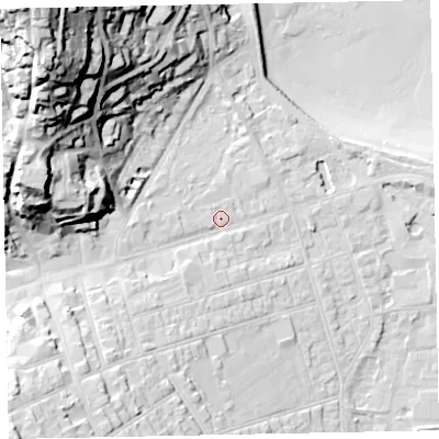 Shaded relief map of the ground around TA245AY, computed from Environment Agency LiDAR. The ground here sits at about 11 m above sea level and falls 63 m across the surrounding 800 m. Surface water reaching this point runs off ground lying to the south-west, 9.0 m higher.