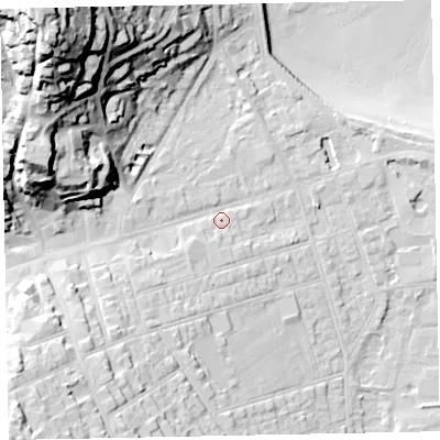 Shaded relief map of the ground around TA245AZ, computed from Environment Agency LiDAR. The ground here sits at about 11 m above sea level and falls 59 m across the surrounding 800 m. Surface water reaching this point runs off ground lying to the south-west, 8.9 m higher.
