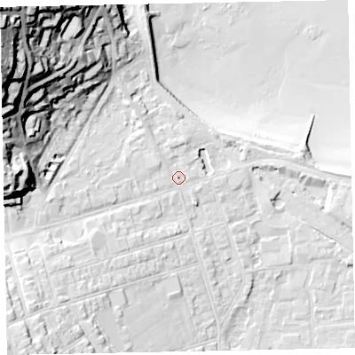 Shaded relief map of the ground around TA245BA, computed from Environment Agency LiDAR. The ground here sits at about 9 m above sea level and falls 56 m across the surrounding 800 m. Surface water reaching this point runs off ground lying to the west, 2.2 m higher.