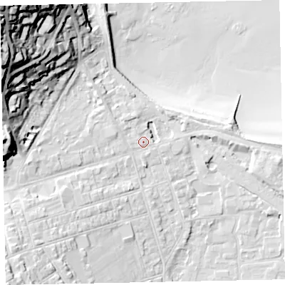 Shaded relief map of the ground around TA245BB, computed from Environment Agency LiDAR. The ground here sits at about 9 m above sea level and falls 50 m across the surrounding 800 m. Surface water reaching this point runs off ground lying to the west-south-west, 1.8 m higher.