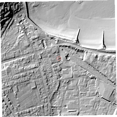 Shaded relief map of the ground around TA245BD, computed from Environment Agency LiDAR. The ground here sits at about 7 m above sea level and falls 26 m across the surrounding 800 m. Surface water reaching this point runs off ground lying to the west, 3.5 m higher.
