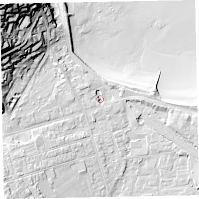 Shaded relief map of the ground around TA245BE, computed from Environment Agency LiDAR. The ground here sits at about 6 m above sea level and falls 53 m across the surrounding 800 m. Surface water reaching this point runs off ground lying to the west-south-west, 3.3 m higher.