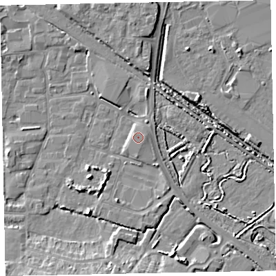 Shaded relief map of the ground around TA245BF, computed from Environment Agency LiDAR. The ground here sits at about 7 m above sea level and falls 6 m across the surrounding 800 m. The ground contributing surface water to this point lies to the east.