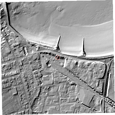 Shaded relief map of the ground around TA245BG, computed from Environment Agency LiDAR. The ground here sits at about 7 m above sea level and falls 15 m across the surrounding 800 m. Surface water reaching this point runs off ground lying to the east-north-east, 2.6 m higher.