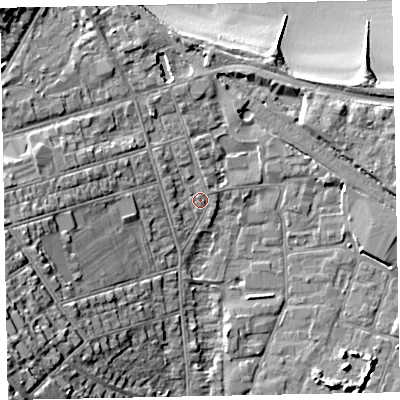 Shaded relief map of the ground around TA245BH, computed from Environment Agency LiDAR. The ground here sits at about 7 m above sea level and falls 23 m across the surrounding 800 m. Surface water reaching this point runs off ground lying to the north-west, 2.0 m higher.