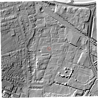 Shaded relief map of the ground around TA245BJ, computed from Environment Agency LiDAR. The ground here sits at about 6 m above sea level and falls 15 m across the surrounding 800 m. Surface water reaching this point runs off ground lying to the south-west, 2.1 m higher.