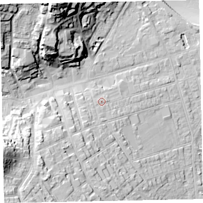 Shaded relief map of the ground around TA245BL, computed from Environment Agency LiDAR. The ground here sits at about 16 m above sea level and falls 46 m across the surrounding 800 m. Surface water reaching this point runs off ground lying to the south-west, 5.2 m higher.
