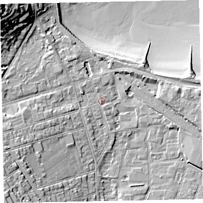 Shaded relief map of the ground around TA245BQ, computed from Environment Agency LiDAR. The ground here sits at about 8 m above sea level and falls 30 m across the surrounding 800 m. Surface water reaching this point runs off ground lying to the west-north-west, 2.7 m higher.