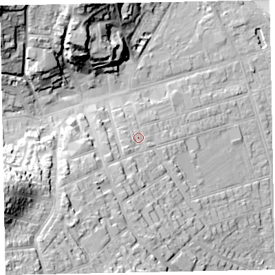 Shaded relief map of the ground around TA245BS, computed from Environment Agency LiDAR. The ground here sits at about 17 m above sea level and falls 42 m across the surrounding 800 m. Surface water reaching this point runs off ground lying to the south-west, 3.5 m higher.