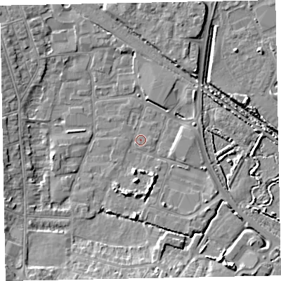 Shaded relief map of the ground around TA245BY, computed from Environment Agency LiDAR. The ground here sits at about 6 m above sea level and falls 7 m across the surrounding 800 m. Surface water reaching this point runs off ground lying to the south-west, 5.8 m higher.