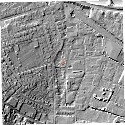 Shaded relief map of the ground around TA245DA, computed from Environment Agency LiDAR. The ground here sits at about 6 m above sea level and falls 23 m across the surrounding 800 m. Surface water reaching this point runs off ground lying to the west, 12.7 m higher.