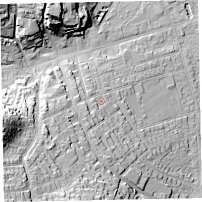 Shaded relief map of the ground around TA245DG, computed from Environment Agency LiDAR. The ground here sits at about 18 m above sea level and falls 38 m across the surrounding 800 m. Surface water reaching this point runs off ground lying to the south-west, 18.1 m higher.
