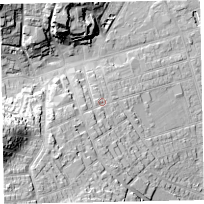 Shaded relief map of the ground around TA245DL, computed from Environment Agency LiDAR. The ground here sits at about 19 m above sea level and falls 40 m across the surrounding 800 m. Surface water reaching this point runs off ground lying to the south-west, 6.8 m higher.