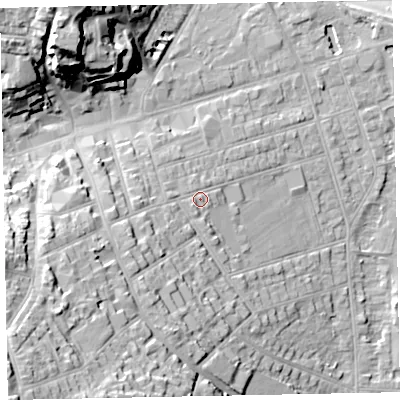 Shaded relief map of the ground around TA245DN, computed from Environment Agency LiDAR. The ground here sits at about 15 m above sea level and falls 35 m across the surrounding 800 m. Surface water reaching this point runs off ground lying to the south-west, 20.6 m higher.