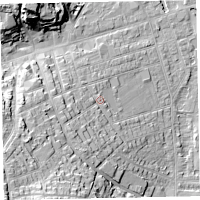 Shaded relief map of the ground around TA245DP, computed from Environment Agency LiDAR. The ground here sits at about 16 m above sea level and falls 37 m across the surrounding 800 m. Surface water reaching this point runs off ground lying to the west-south-west, 19.9 m higher.