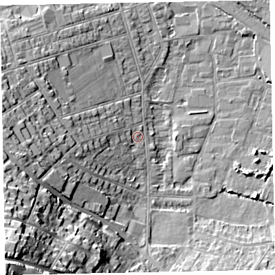 Shaded relief map of the ground around TA245DQ, computed from Environment Agency LiDAR. The ground here sits at about 8 m above sea level and falls 38 m across the surrounding 800 m. Surface water reaching this point runs off ground lying to the west, 5.5 m higher.