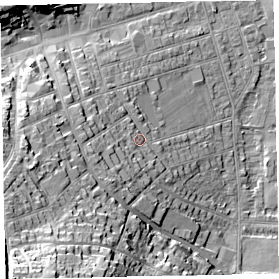 Shaded relief map of the ground around TA245DR, computed from Environment Agency LiDAR. The ground here sits at about 16 m above sea level and falls 45 m across the surrounding 800 m. Surface water reaching this point runs off ground lying to the west-south-west, 21.5 m higher.