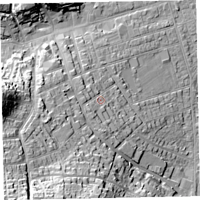 Shaded relief map of the ground around TA245DS, computed from Environment Agency LiDAR. The ground here sits at about 20 m above sea level and falls 47 m across the surrounding 800 m. Surface water reaching this point runs off ground lying to the south-west, 17.8 m higher.