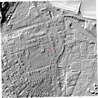 Shaded relief map of the ground around TA245DU, computed from Environment Agency LiDAR. The ground here sits at about 9 m above sea level and falls 28 m across the surrounding 800 m. Surface water reaching this point runs off ground lying to the west-south-west, 14.4 m higher.