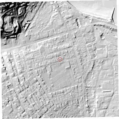 Shaded relief map of the ground around TA245DW, computed from Environment Agency LiDAR. The ground here sits at about 11 m above sea level and falls 46 m across the surrounding 800 m. Surface water reaching this point runs off ground lying to the west-south-west, 6.8 m higher.