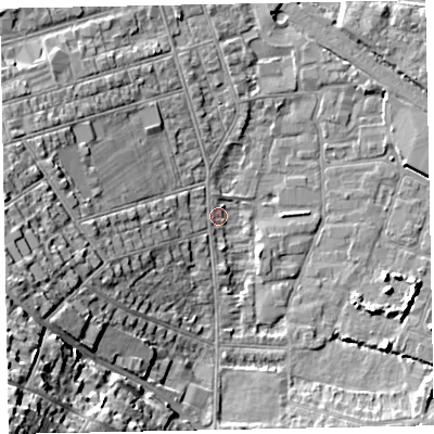 Shaded relief map of the ground around TA245DX, computed from Environment Agency LiDAR. The ground here sits at about 7 m above sea level and falls 32 m across the surrounding 800 m. Surface water reaching this point runs off ground lying to the west-south-west, 15.6 m higher.