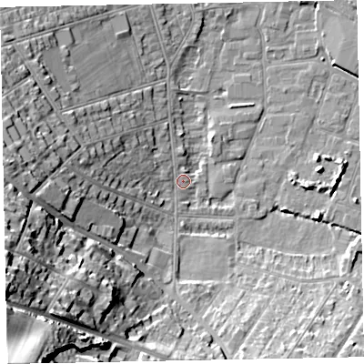 Shaded relief map of the ground around TA245DY, computed from Environment Agency LiDAR. The ground here sits at about 7 m above sea level and falls 43 m across the surrounding 800 m. Surface water reaching this point runs off ground lying to the west-south-west, 29.4 m higher.