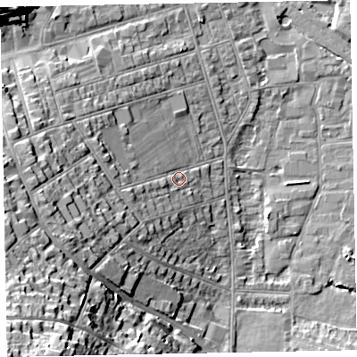Shaded relief map of the ground around TA245DZ, computed from Environment Agency LiDAR. The ground here sits at about 10 m above sea level and falls 36 m across the surrounding 800 m. Surface water reaching this point runs off ground lying to the west-south-west, 18.7 m higher.