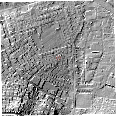 Shaded relief map of the ground around TA245EA, computed from Environment Agency LiDAR. The ground here sits at about 11 m above sea level and falls 40 m across the surrounding 800 m. Surface water reaching this point runs off ground lying to the west-south-west, 17.2 m higher.