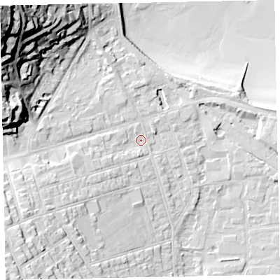 Shaded relief map of the ground around TA245ED, computed from Environment Agency LiDAR. The ground here sits at about 9 m above sea level and falls 52 m across the surrounding 800 m. Surface water reaching this point runs off ground lying to the west-south-west, 10.6 m higher.