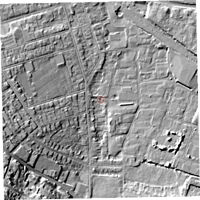 Shaded relief map of the ground around TA245EE, computed from Environment Agency LiDAR. The ground here sits at about 6 m above sea level and falls 27 m across the surrounding 800 m. Surface water reaching this point runs off ground lying to the west-south-west, 16.3 m higher.