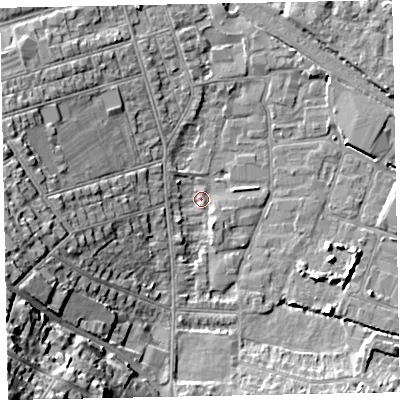 Shaded relief map of the ground around TA245EF, computed from Environment Agency LiDAR. The ground here sits at about 6 m above sea level and falls 27 m across the surrounding 800 m. Surface water reaching this point runs off ground lying to the south-west, 26.3 m higher.