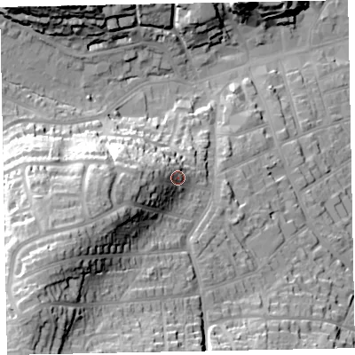 Shaded relief map of the ground around TA245EH, computed from Environment Agency LiDAR. The ground here sits at about 36 m above sea level and falls 52 m across the surrounding 800 m. Surface water reaching this point runs off ground lying to the west-south-west, 14.5 m higher.