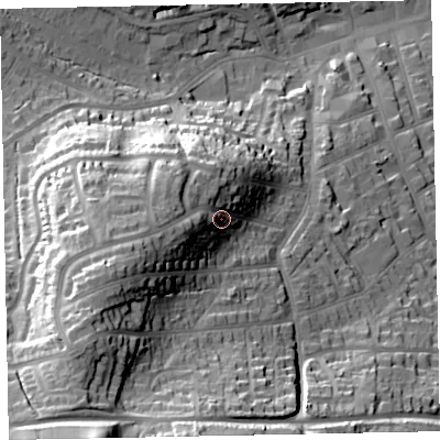 Shaded relief map of the ground around TA245EJ, computed from Environment Agency LiDAR. The ground here sits at about 45 m above sea level and falls 58 m across the surrounding 800 m. Surface water reaching this point runs off ground lying to the west-south-west, 19.0 m higher.
