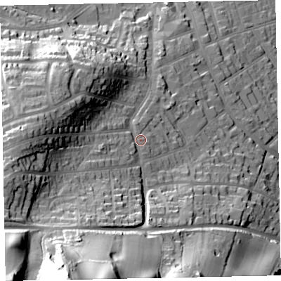 Shaded relief map of the ground around TA245EL, computed from Environment Agency LiDAR. The ground here sits at about 36 m above sea level and falls 87 m across the surrounding 800 m. Surface water reaching this point runs off ground lying to the south-south-west, 64.4 m higher.